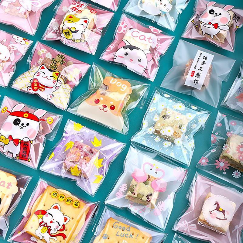 100 stk Mini Tegneseriekatt Emballasjepose, Bake Snacks Selvklebende Pose, Tegneseriekatt Kjeks Kake Emballasjepose