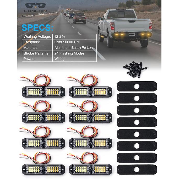 LUMENIX Grille Strobe Light Kits for Trucks, 12-LED Surface Mount Ultra Slim Emergency Hazard Warning Lights Head for Construction Vehicles Cars -