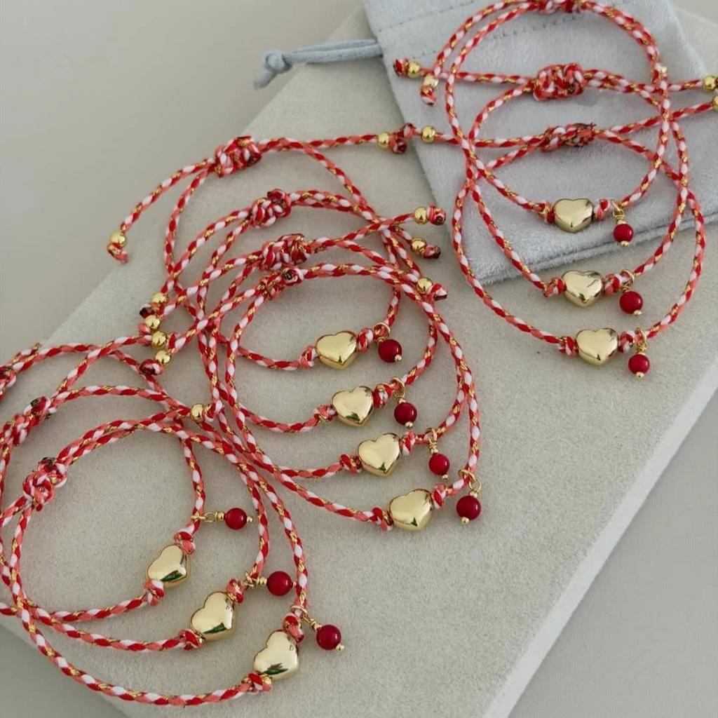 Vlen Lucky Red Rope Braided Bracelet Gold Heart Charm Beaded Bracelet Adjustable Minimalist Jewelry For Women Birthday Gift