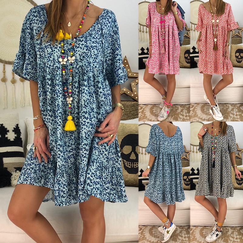 Buy Fashion Women Summer Short Sleeves Boho Floral Print Casual Loose ...