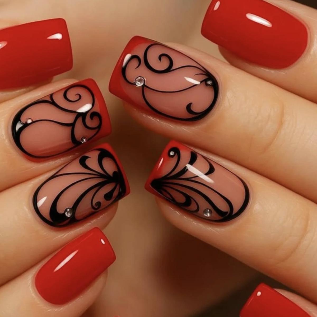 Black Rhinestone Square Nail Art Stickers - Medium Length, Irregular Lines, Detachable Fake Nails