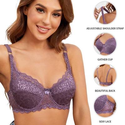 Women's Floral Lace Thin Bra Comfortable  Adjustable Gathering Large Size Underwear Solid Color Underwire Bra Sexy Lingerie 80B-95C