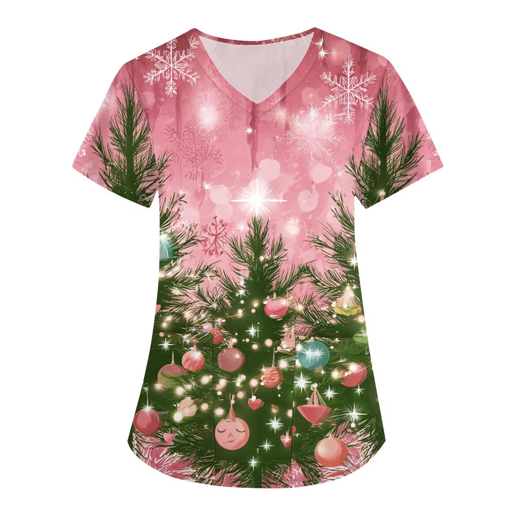 Women's Fashion V-Neck Short Sleeve Overalls With Pockets Christmas Printed Tops  Clothes