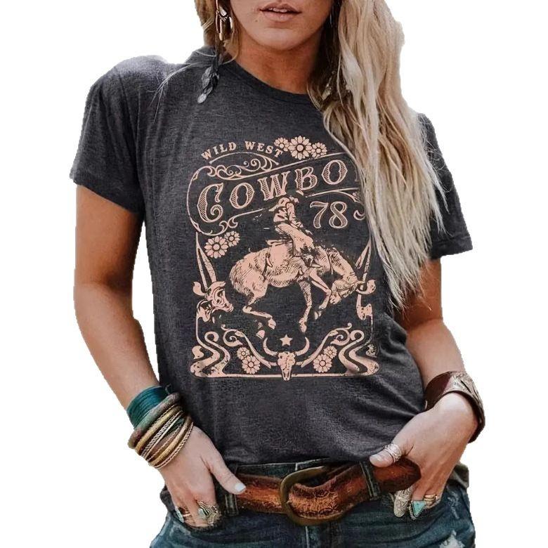 Summer Round Neck 3D Ox Head Print Top Fashionable Casual Short Sleeved Women's T-shirts