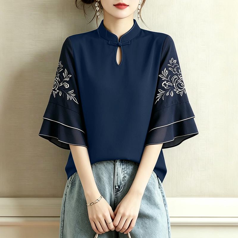 ZANZEA Women Casual Stand Collar Retro Embroidery Splice Half Sleeve Blouse