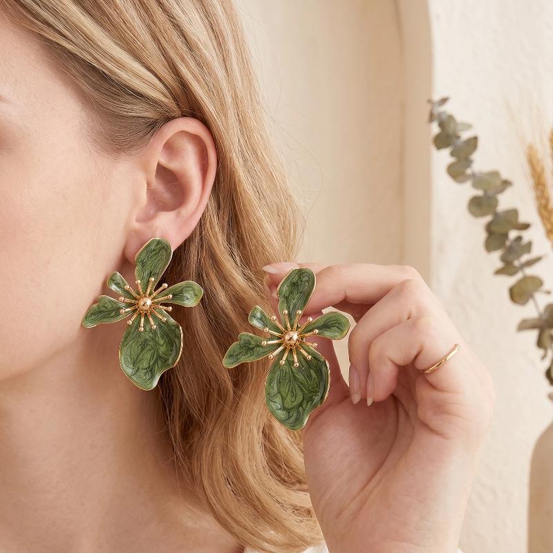 Marbled Enamel Flower Earrings with Polished Gold Trim Lovely Chic Design for Wedding Prom Party Gift for Her