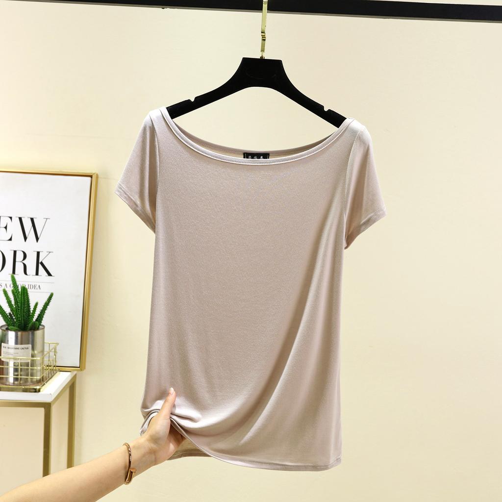 Dámské modální tričko s krátkým rukávem a odhalenými zády, lodičkovým výstřihem a odhalenými rameny, jednobarevné, volná základní vrstva, top pro větší velikosti, jednoduchá trička