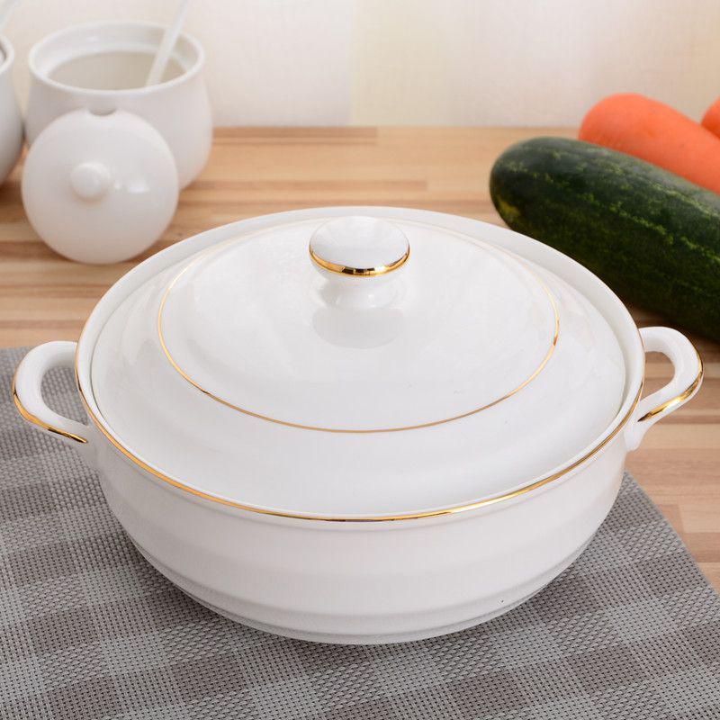 White Ceramic Double-Eared Soup Pot with Lid, Large Capacity Stew and Rice Bowl, Microwave Safe Steamed Egg Basin.