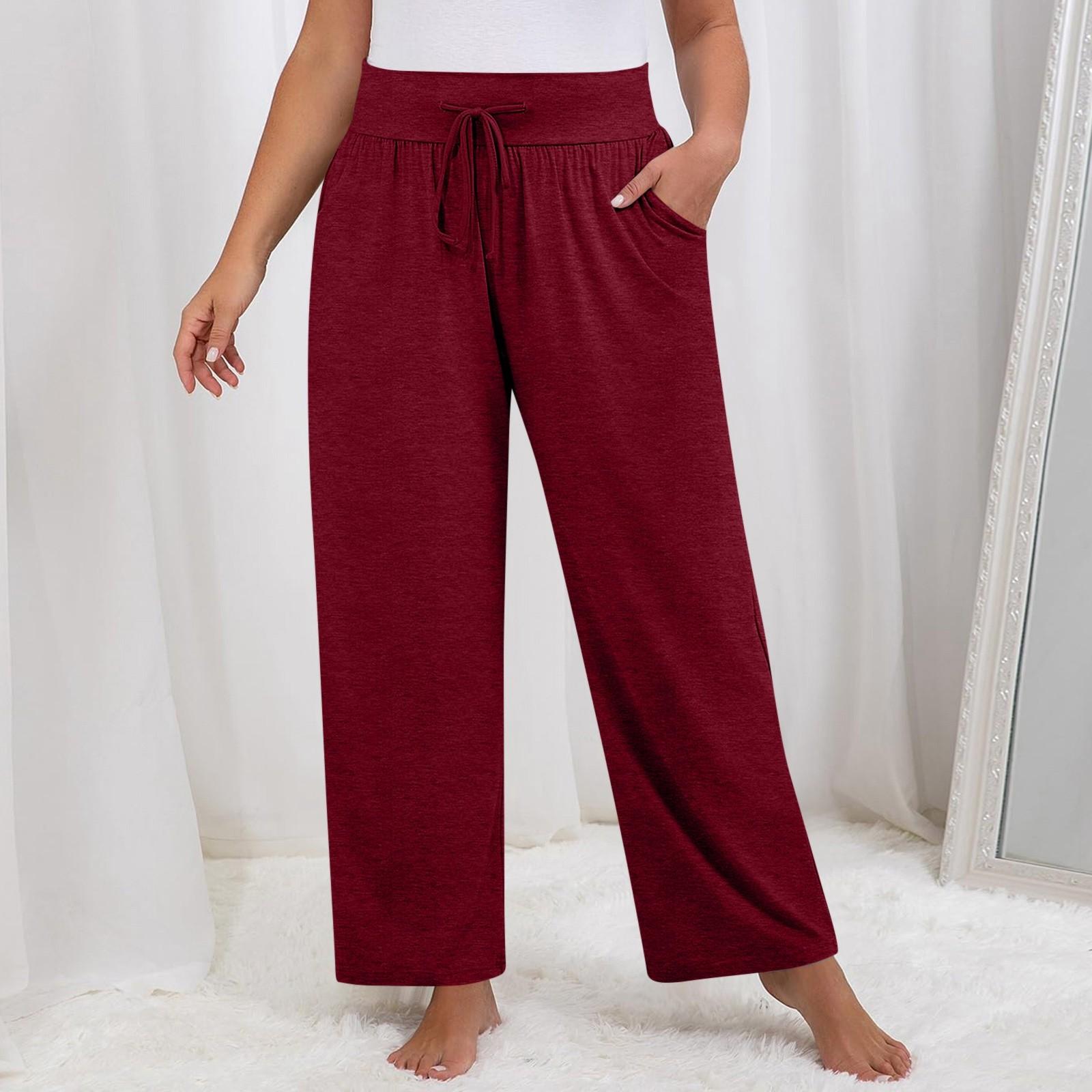 

Женские клетчатые штаны для йоги больших размеров с широкими штанинами, свободные повседневные спортивные штаны с карманами и завязками S винный