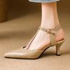 Elegant Women's Sandals Summer Shoes 2025 T-strap Close Point toe Apricot Beige High Heels Dress Shoes Ladies Designer Big Size