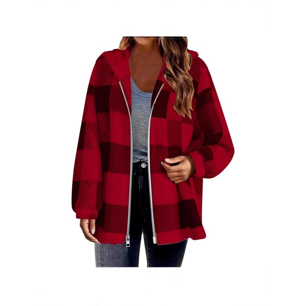 2025 Plaid Loose Fit Long Sleeve Hooded Fuzzy Zip-Up Cardigan Jacket