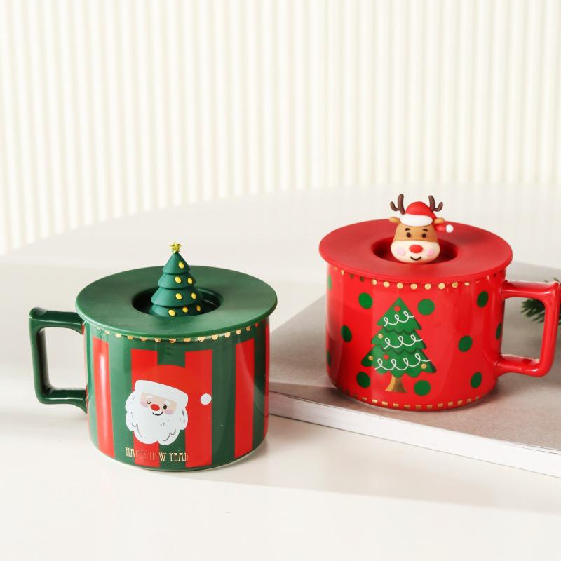 Cute Elk Christmas Ceramic Mug Set with Lid & Spoon - Perfect Holiday Gift