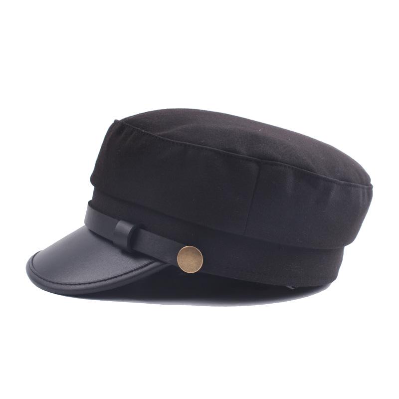 Military Cap Men Pu Leather Brim Flat Top Navy Cap Women Casual Trendy Beret Men's Hats For Casual Vintage Autumn Winter