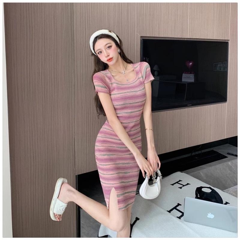 Women s Summer Striped Knit T-Shirt Dress - Waist-Cinching Slit Design L розовый