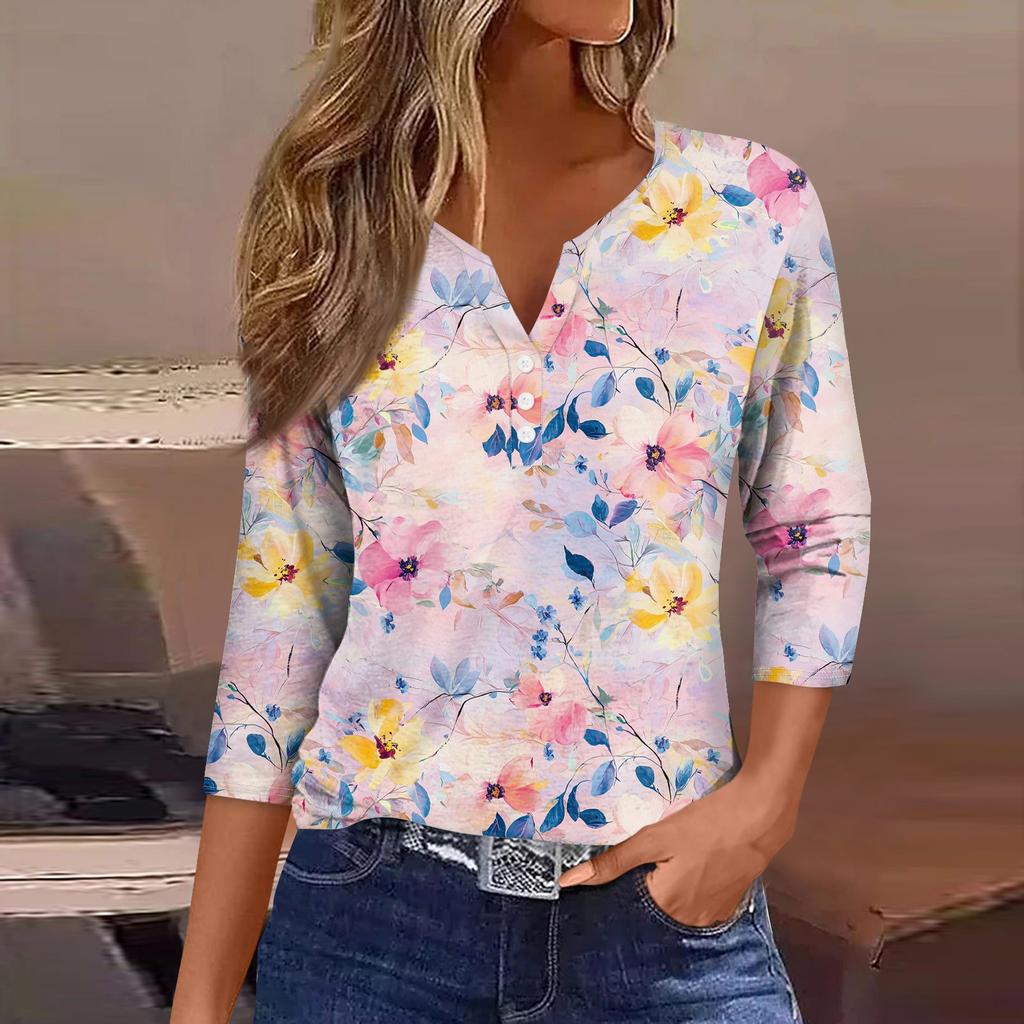 Lockeres, lässiges Oberteil mit Blumenmuster für Damen, V-Ausschnitt und Siebenviertelärmeln
