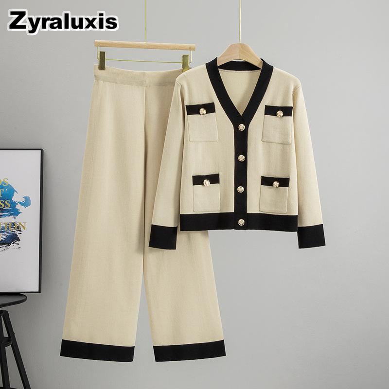 Korean Autumn New Style Color Block Knit Oversized V-Neck Cardigan Set Women's Loose Top Outerwear Two Piece Wide Leg Pants