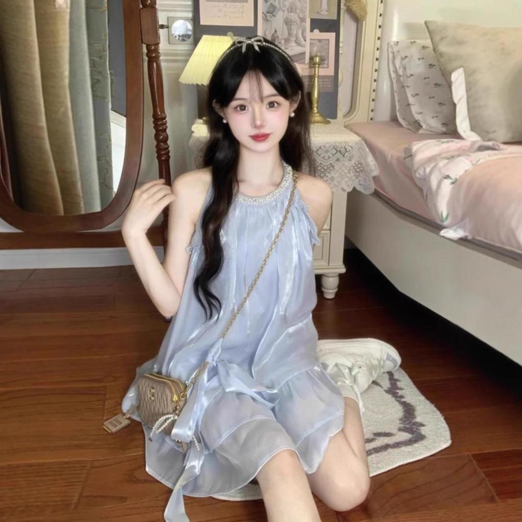 Sweet Fairy Women's Petite Slimming Halter Strap Summer Dress - High-End French Style