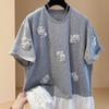 Women Summer Round Neck Short Sleeve 3D Floral Lace Applique Loose Casual Cotton T Shirt