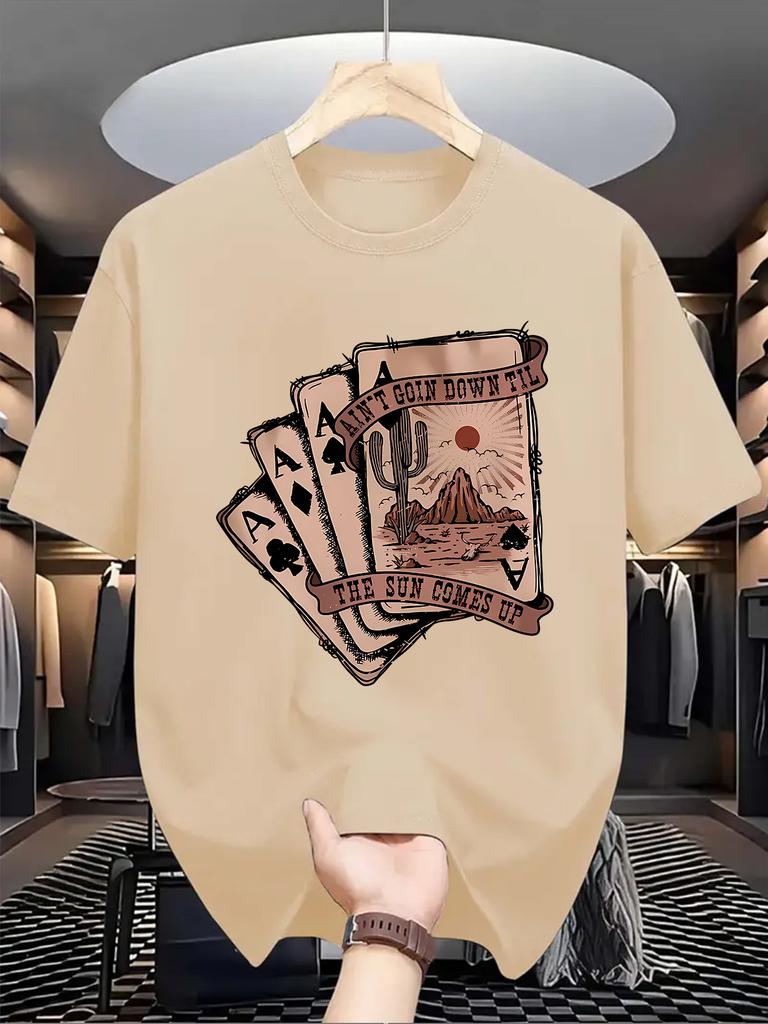 Men'S Casual Crew Neck T-Shirt with Playing Card Graphic,  Knit Fabric, Slight Stretch, Regular Fit, Summer Top for Daily Wear
