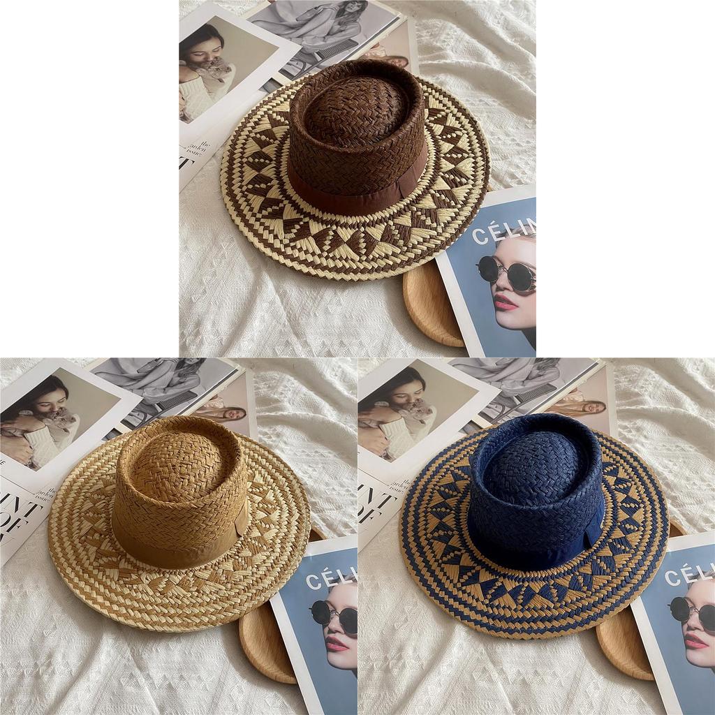 Ethnic Style Wide Brim Straw Hat For Sun Protection Beach Vacation Summer Travel