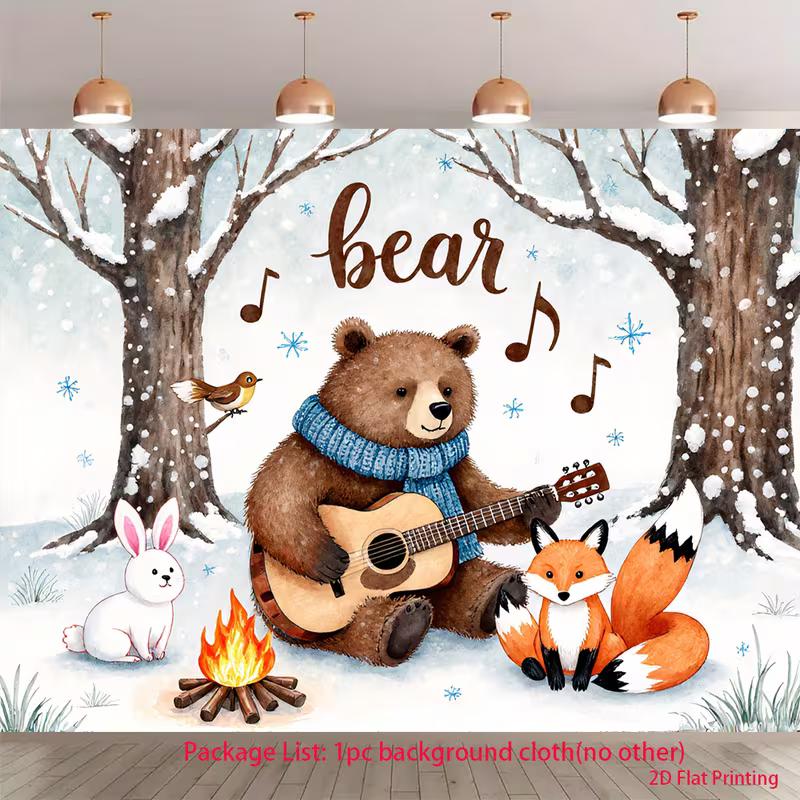 

2D Cute Woodland Bear Backdrop, Winter Campfire Animals Party Background Cloth 47.2x31.5inch/120*80cm