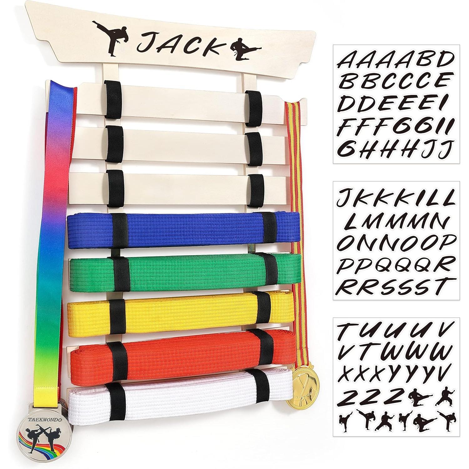 Karate Belt Display Rack, 8 Belts Taekwondo Belt Display with Medal Hanger and Stickers, Plywood Martial Arts Belt Display for Jiu Jitsu, BJJ Belts белый