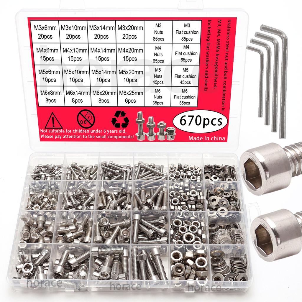 670 PCS Stainless Steel Hexagon Nut and Bolt Combo Set - M3, M4, M5, M6 Hex Heads - Includes Flat Washer Wrench