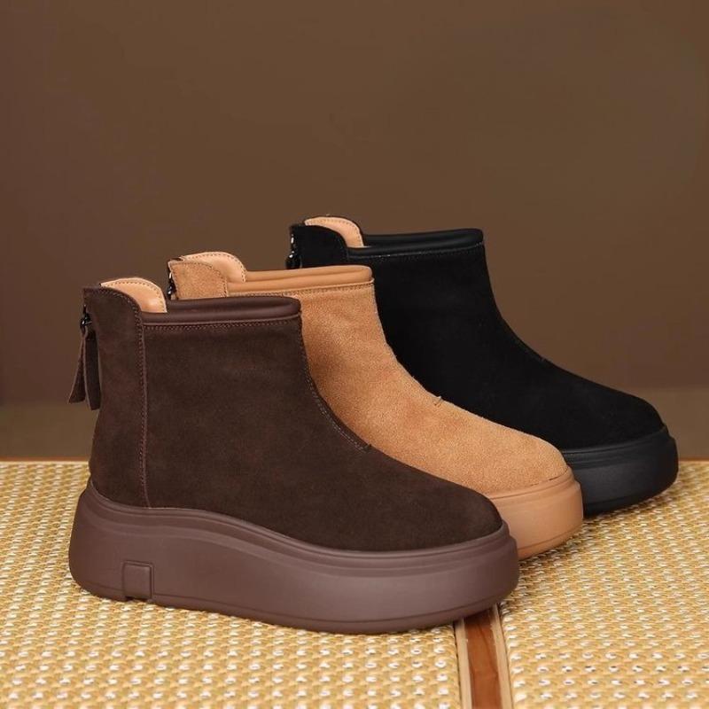 Buty na grubej podeszwie, Botki podwyższające z okrągłym noskiem, Buty damskie, Retro Ciepłe botki do kostki z polaru