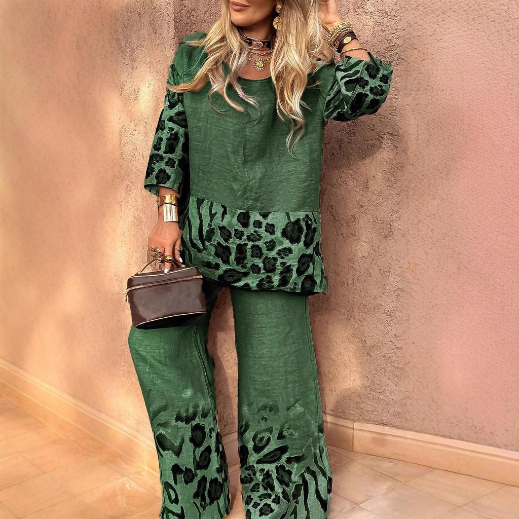 Set Retro Imprimat de Vară pentru Femei 2025: Top cu mânecă medie și pantaloni lungi cu talie înaltă