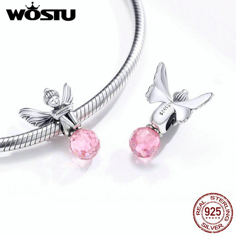 WOSTU Blume Elf Charme 925 Sterling Silber Rosa Zirkon Fee Perle Fit Original Armband Anhänger Geschenk