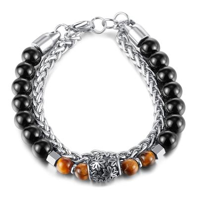 Retro High -End Stainless Steel Double -Layered Black Onyx Tiger Eye Stone Unisex Bracelets for Men Women Fashion Jewelry Gift