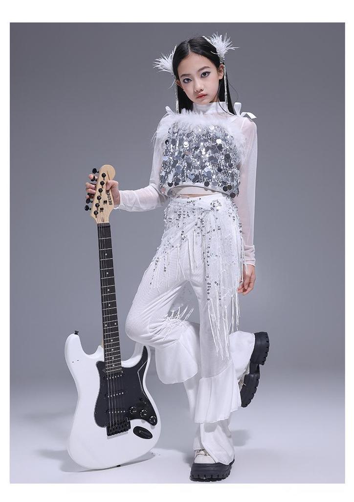 Korean Style Girls' Jazz Dance Costume Set: Cropped Vest Top & Sweatpants for Performances