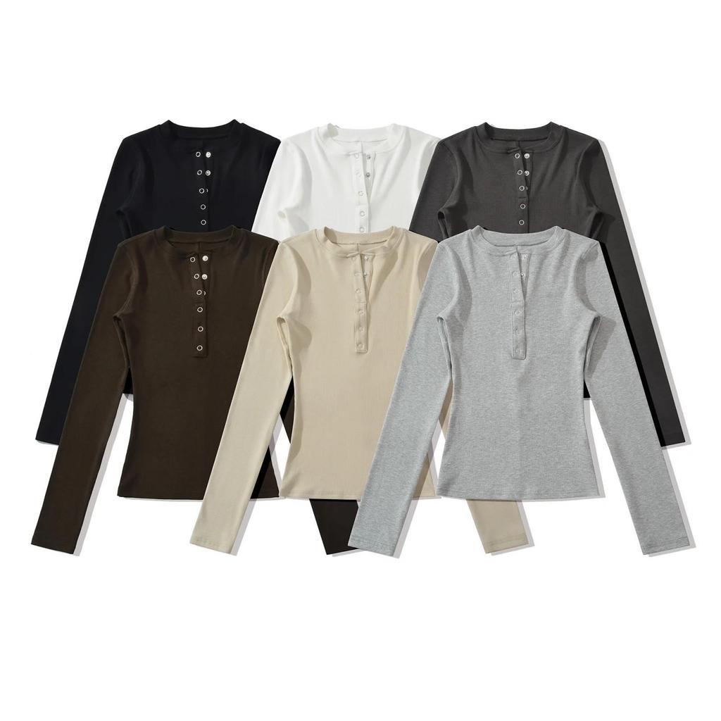 Women's White Slim Fit Henley Collar Long Sleeve T-Shirt – Perfect Waist-Cinching Base Layer for Autumn and Winter.