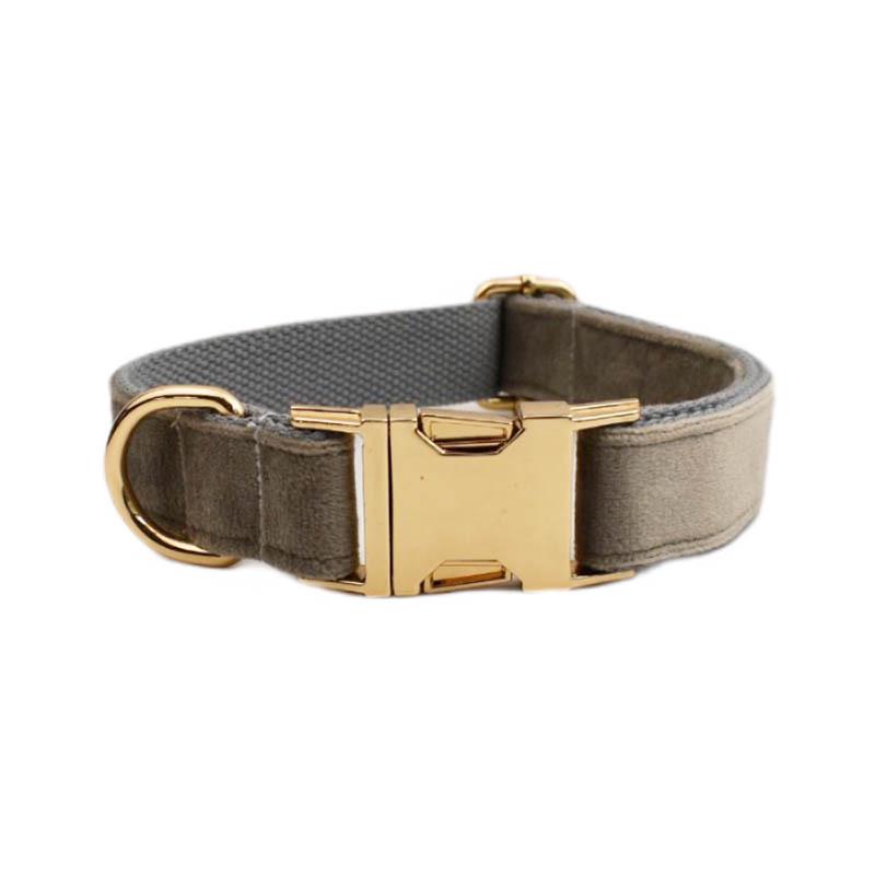 Adjustable Gray Velvet Dog Collar and Leash with Engraving Option