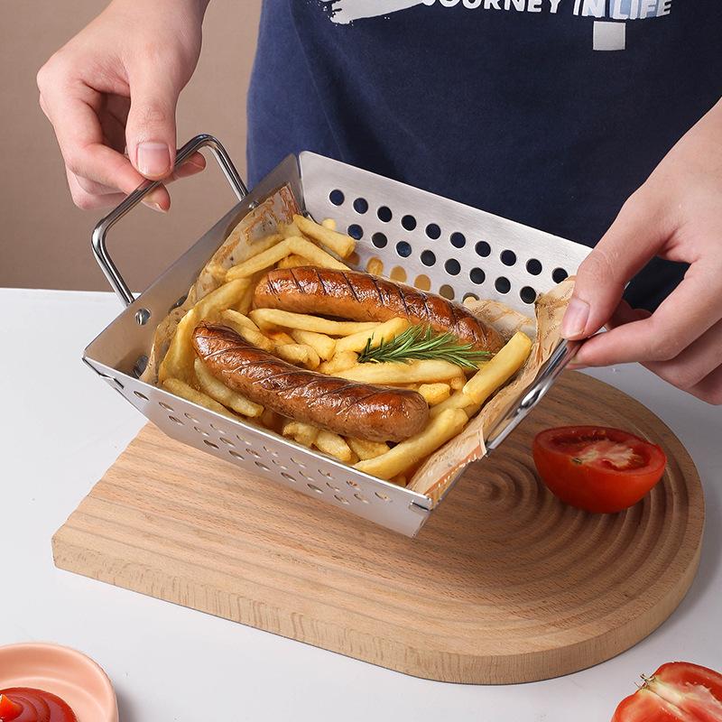 Stainless Steel Tray Barbecue Plate Fruit Vegetable Draining Basket Square Perforated Mini BBQ Set Household Kitchen Tools