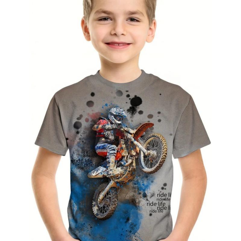 Summer Round Neck 3D Printed Motorcycle Rider Pattern Top Fashionable Casual Short Sleeved Children's Boy T-shirts