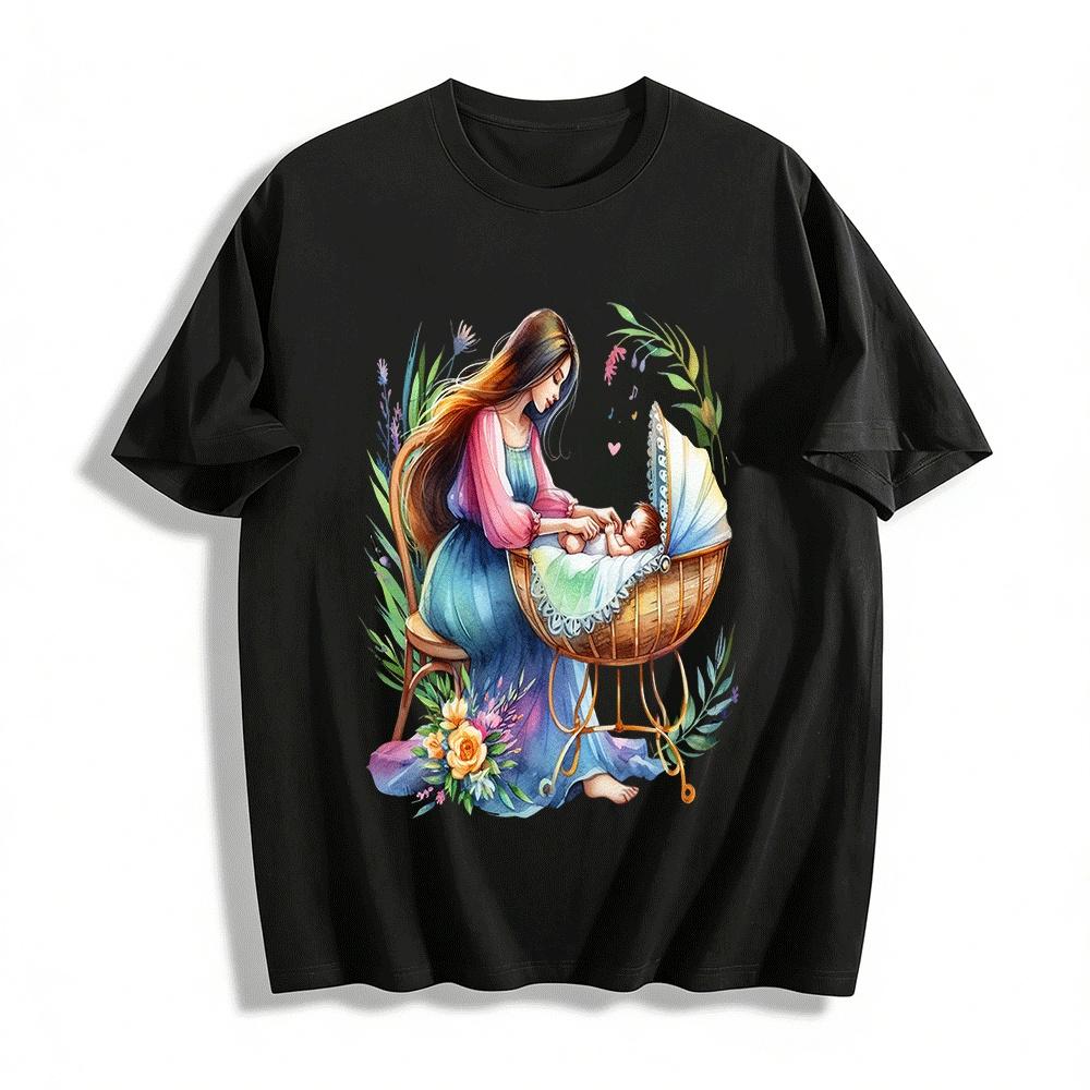 Gentle Mother And Baby Cradle Print Casual T-Shirt Pure cotton T-shirt XXS