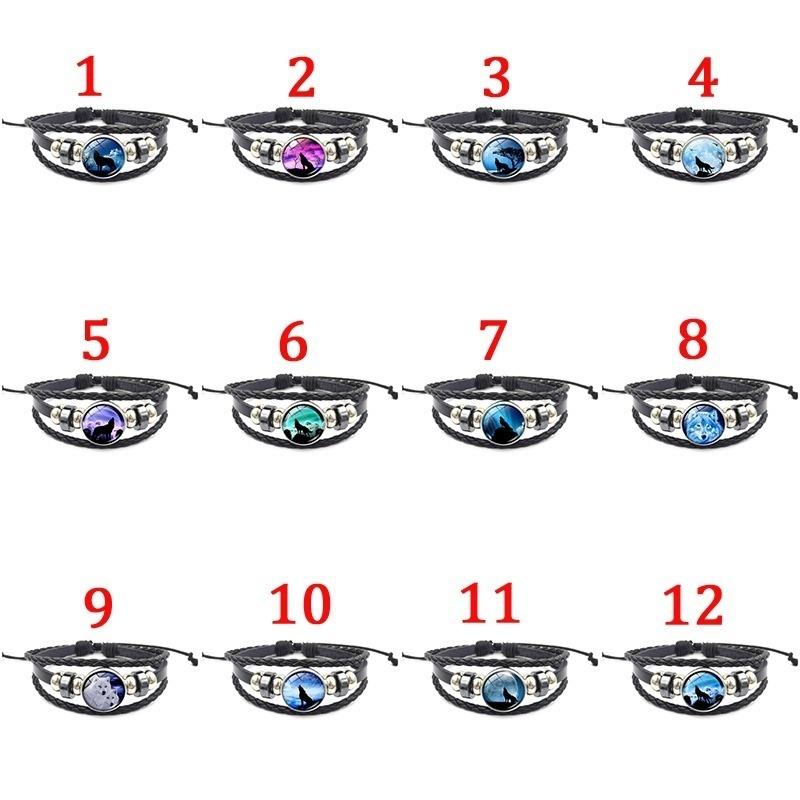 Black Leather Bracelet Wolf Head Glass Metal Buckle Punk Jewelry Weave Multilayer Bracelet Charm Wo