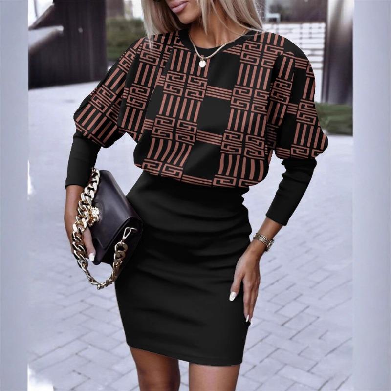 Autumn New Women's Printed Waist Round Neck Long-sleeved Dress Women