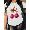 European Size Women'S Shiny Cherry and Bowknot Print T-Shirt with Rhinestone Pattern | Semi-Transparent Casual Summer Top, Round Neck Short Sleeve