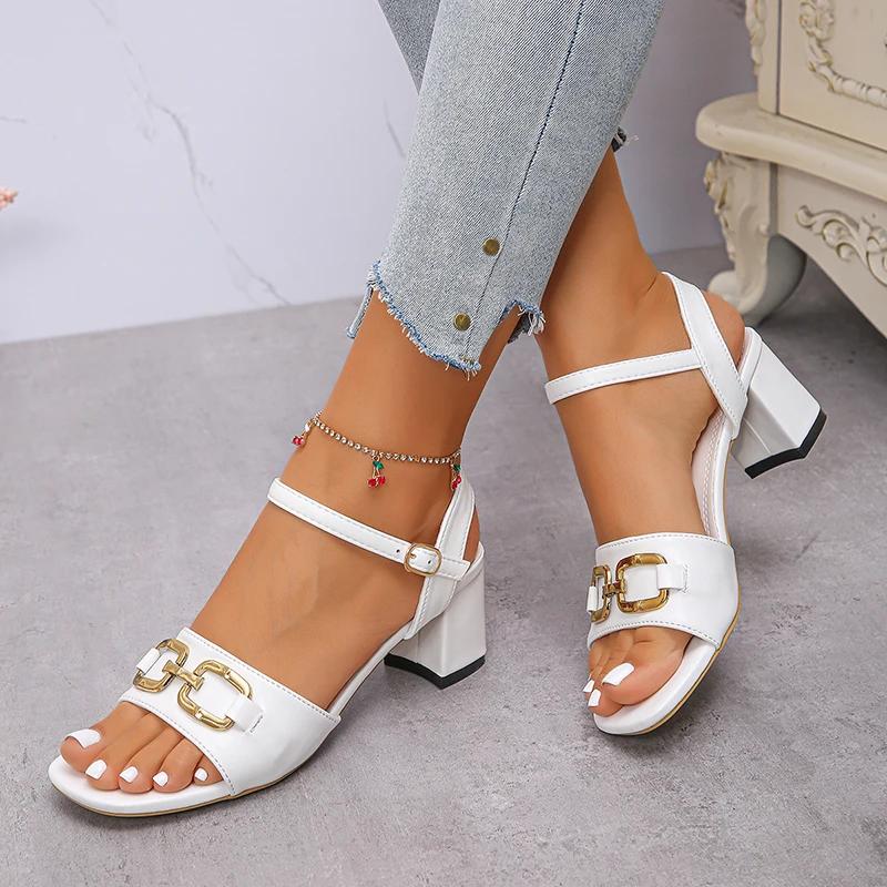 Fashion Plus Size Fashion Women's Square Heel Sandals with Chain Ankle Strap High Heels Party Shoes Woman Metal Decor White Sandals 2025