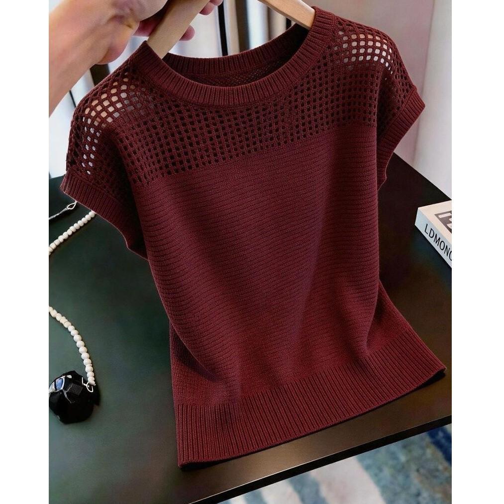 Wine Red Round Neck Hollow Knit Sweater - Stylish Age-Reducing Summer Top for Women 2026