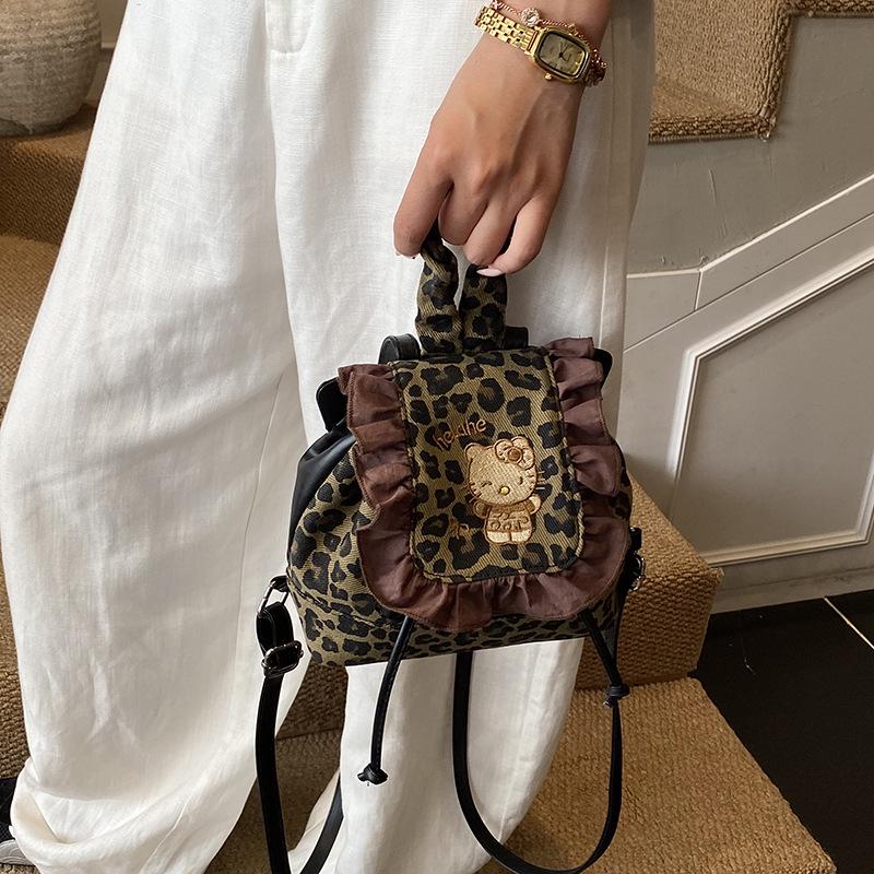 Hello Kitty Rucksack im koreanischen Retro-Stil mit Spitze und Leopardenmuster