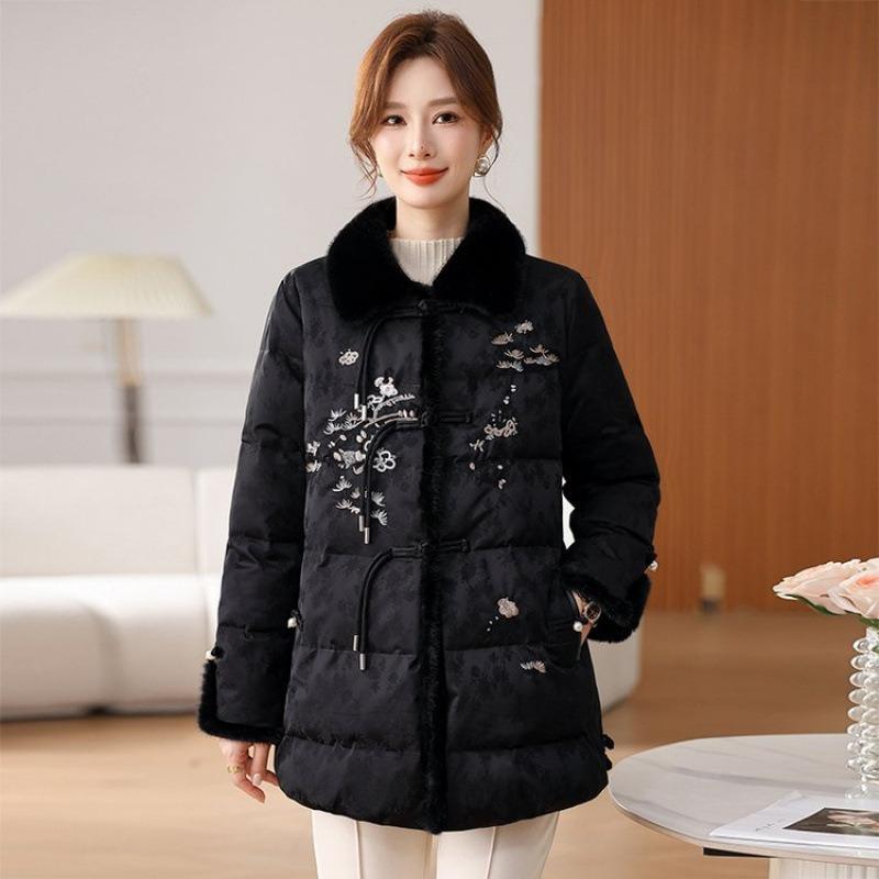 

Китайская мать зимняя вышитая пуховая куртка пряжка новая зимняя женская пуховая куртка нишевая 5XL [recommended 150-80kg] чёрный