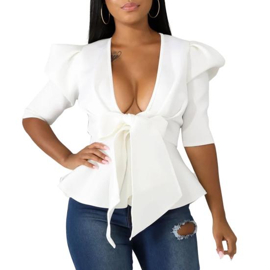 Deep V-neck Puff Half Sleeve Solid Color Women Coat Ruffle Hem Bowknot Bandage Peplum Blazer Workwear