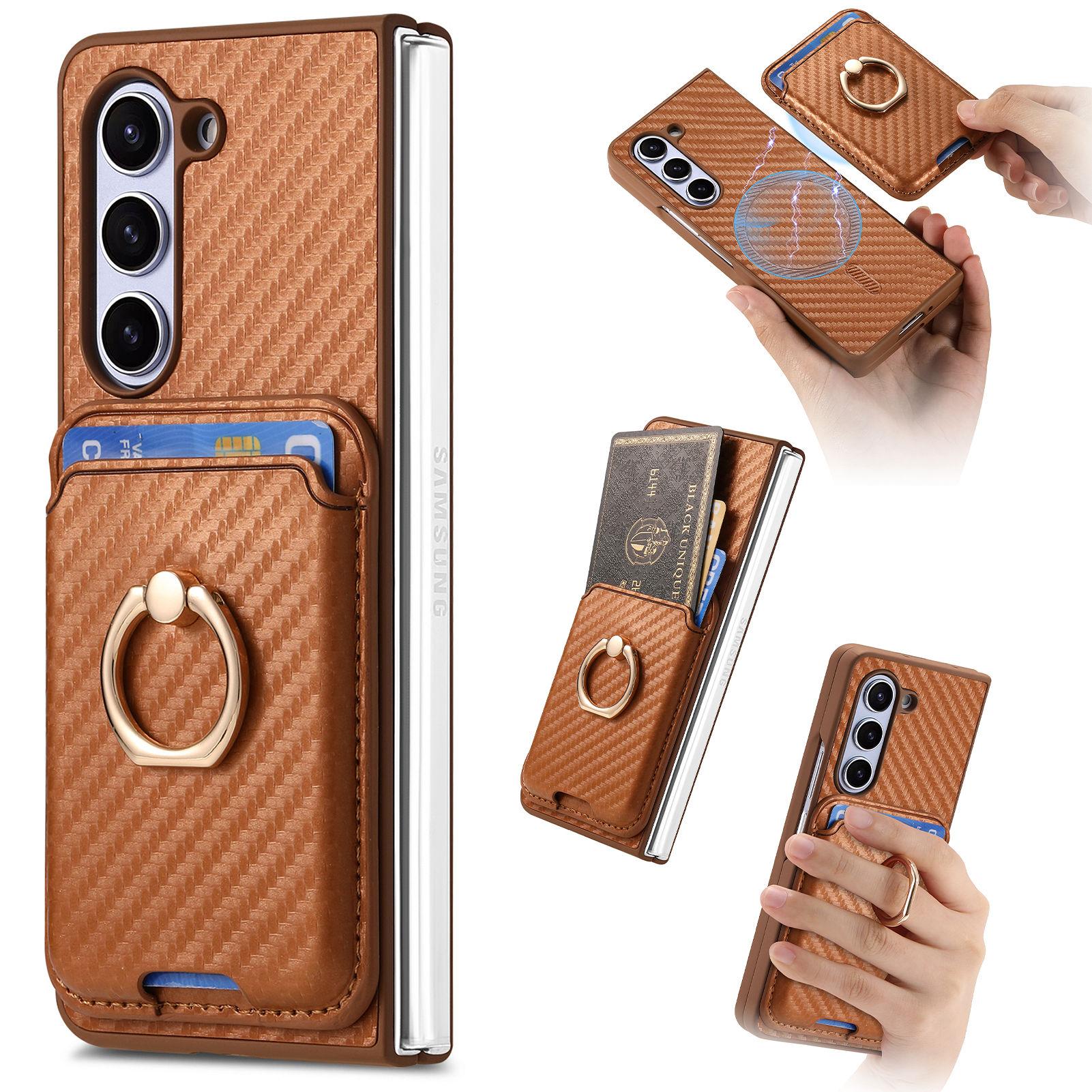

Film Glass Ring Hold 2 in 1 Removable Cards Bag Carbon Fibre Case For Samsung Galaxy Z Fold 6 5 4 5G Magnetic Stand Solt Cover For Samsung Z Fold 6 коричневый