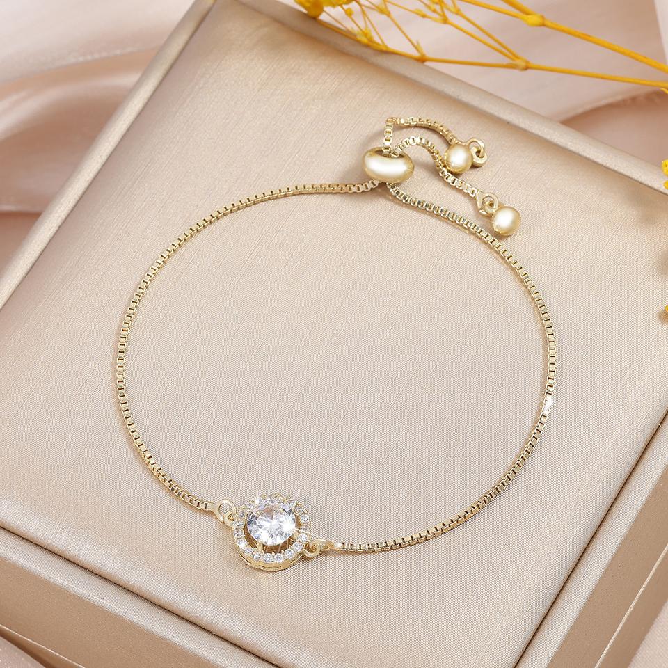 Yupsk Classic Simple Round Cubic Zirconia Charm Adjustable Bracelet Shiny Crystal Engagement Wedding Jewelry