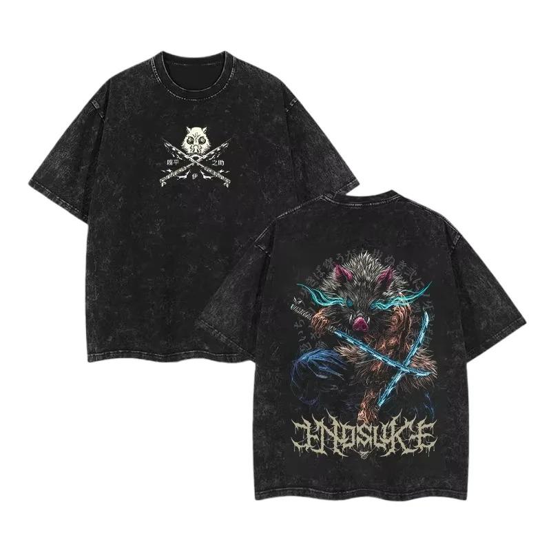  Manga Demon Slayer Tanjirou Graphic T-shirt Vintage Washed Oversized T Shirt Men Women Clothing Summer Cotton Short Sleeve Tees Female Male Clothing 