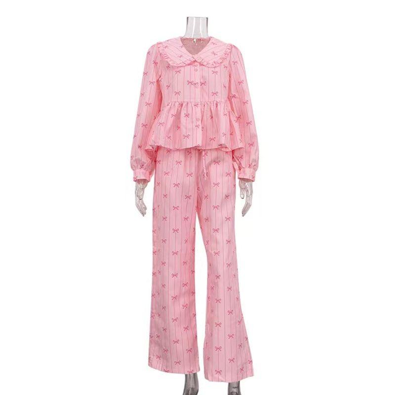 

European and American Bow Print Stripe Doll Collar Shirts Loose Trousers Set Shirt and Pants Set Pink L