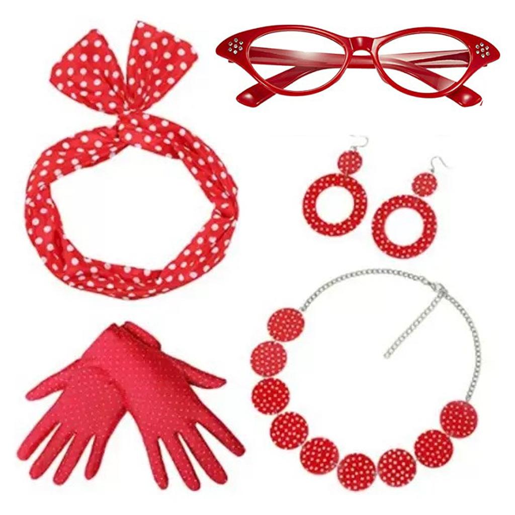 Party Gloves and Accessories Set - 5 Piece Costume Kit with Headband, Glasses, Scarf, Polka Dot Necklace and Earrings